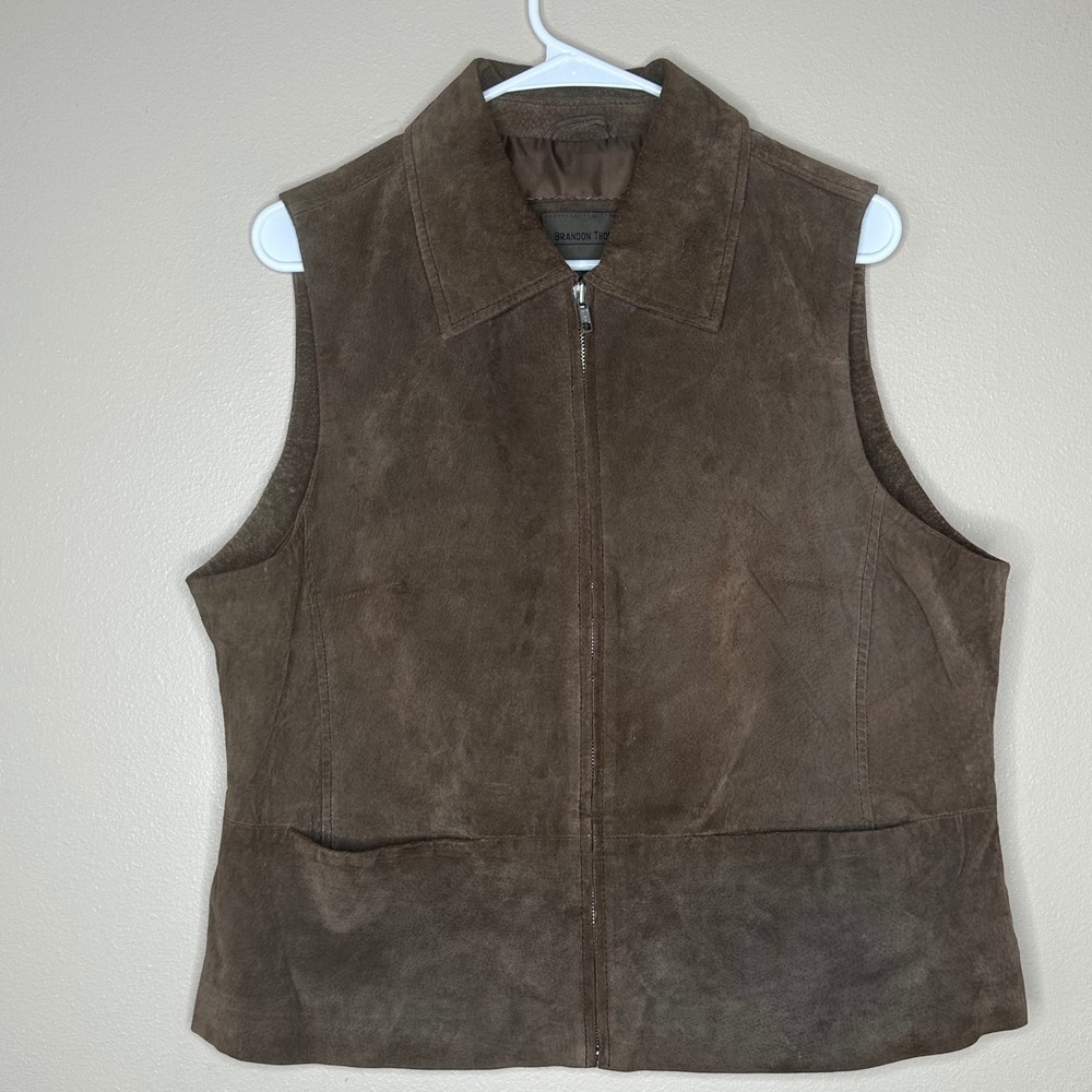Brandon Thomas VTG Women's Chocolate Brown lined Leather Full Zip Vest Size XL